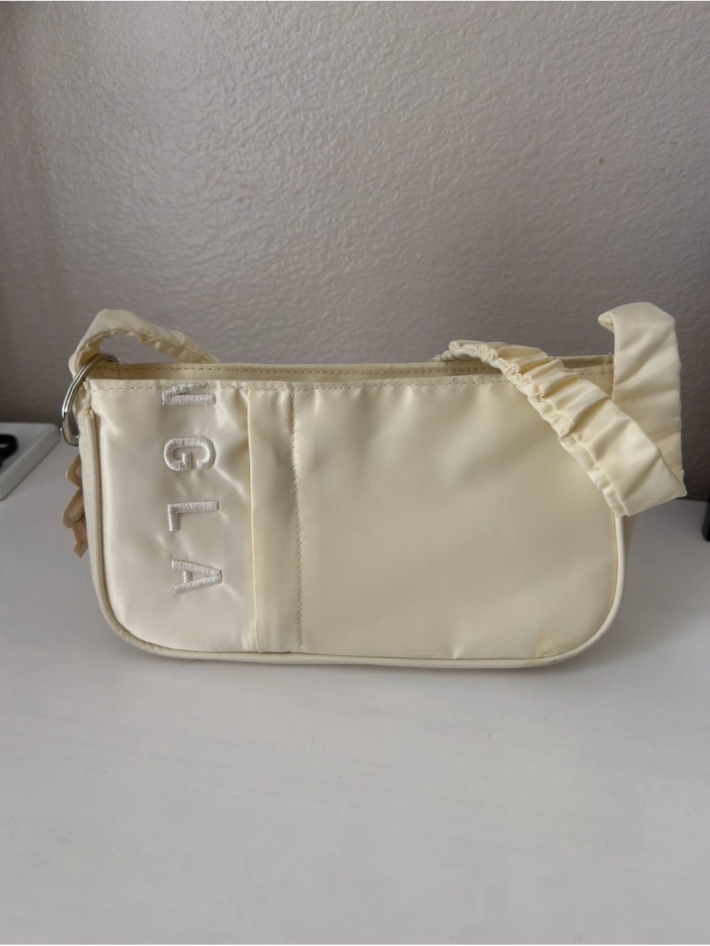 YoungLA Cream Shoulder Bag with Ruffled Strap